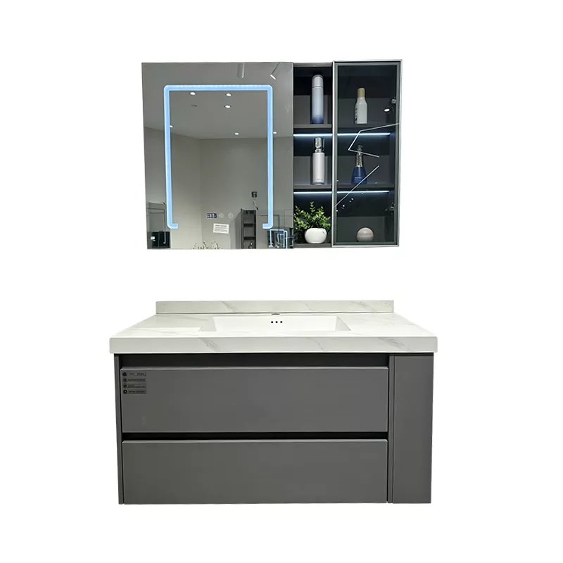 Meuble-lavabo multicouche en bois massif avec lavabo en pierre frittée